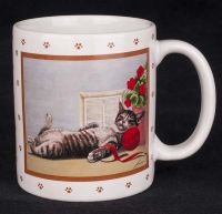 Vandor Lowell Herrero Cat with Ball of Red Yarn Coffee Mug Vtg 86